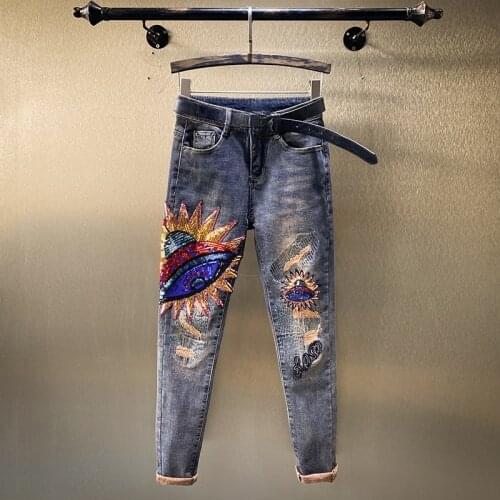 European Jeans Female 2021 New Ins Diamond Planet High Waist Stretch Slim Slimming All-match Pants Woman Jeans