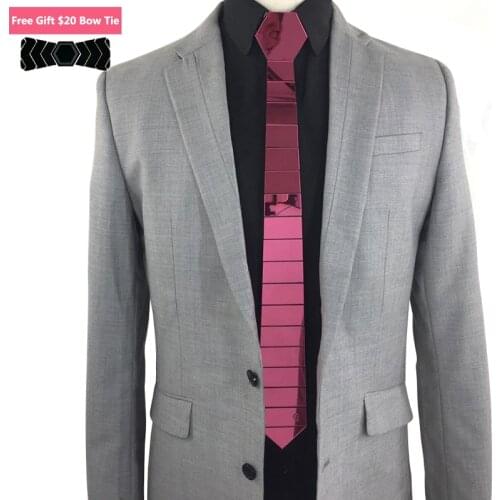 GEOMETIE Men Skinny Tie Unique Handmade Bling Mirror Neckties Striped Magenta Pink Stylish Ties Christmas Gift Wedding Accessory