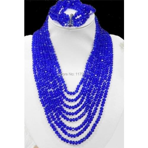 Hot! charming 8Rows jewelry dark blue Crystal beads chain necklace 5 rows Bracelet sets Jewelry sets Gifts For Girl Women W0251