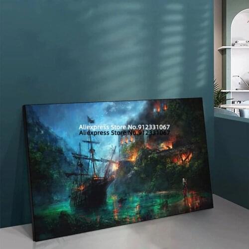 Game poster Burning Castle, Assassins Creed, Ship, Water, Print Paintings Wall Art Bedroom Room Decoration Canvas Poster Wall