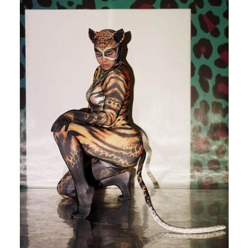 Stereoscopic Cat-girl print jumpsuit theme party stage performance costume bar concert DJ singer/dancer costume