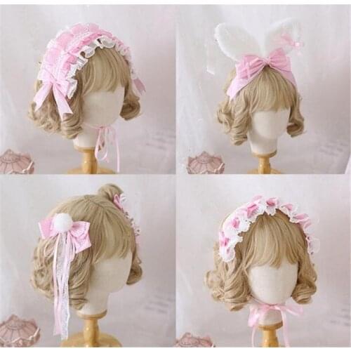 Sweet Lolita Rabbit Ear KC Pink White Plaid Hairband Hairpin Cosplay Girl Headband Hair accessories B1337