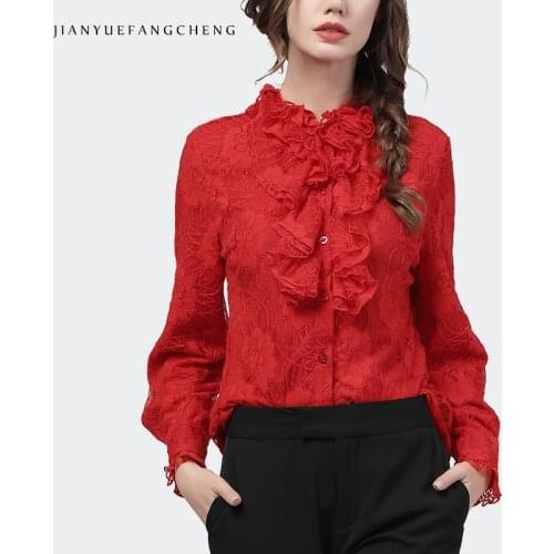 Fashion Red Lace Blouse Women Short Spring 2021 New Slim Long Sleeve Top All-Match Ruffled Collar Ladies Bottoming Floral Shirts