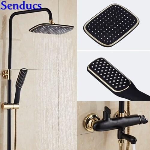Senducs Fashion Black Gold Bathroom Shower Set Luxury European Brass Bathroom Mixer Faucet Rainfall Bathroom Shower System