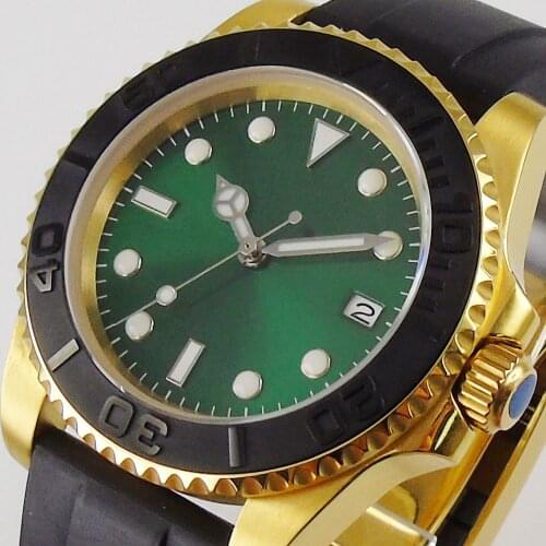 40mm Green Dial Sapphire Glass Date Bracelet Yellow Golden Plated Ceramic Bezel NH35A MIYOTA 8215 Automatic Movement Mens Watch