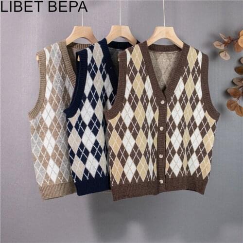 New 2021 Autumn Winter Women Sweater Vest Checkered V-Neck Sleeveless Waistcoat Knitted Vintage Oversized Wild Tops SWV1388JX