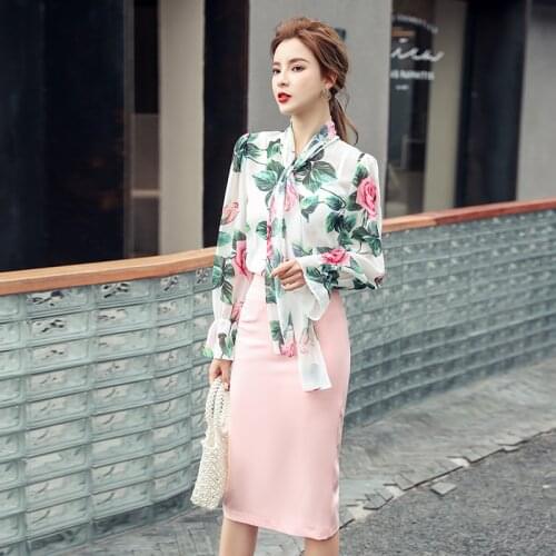 New runway skirt suits womens Elegant vintage Retro Flowers printed blouse shirts tops + sexy skirt suits set