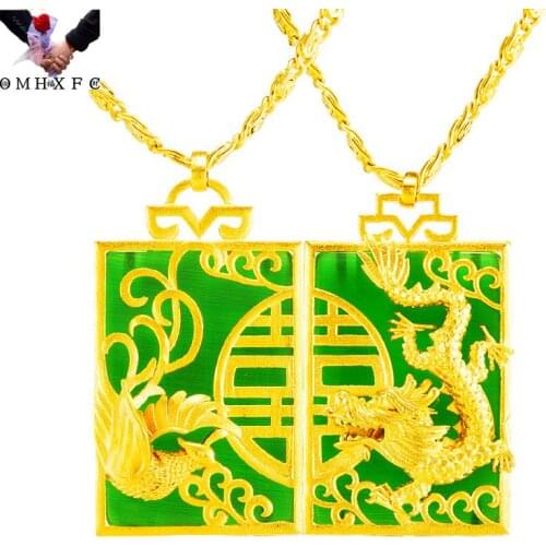 OMHXFC Wholesale PN616 European Fashion Fine Lovers Party Birthday Wedding Gift Dragon Phoenix Rectangle 24KT Gold Pendant Charm