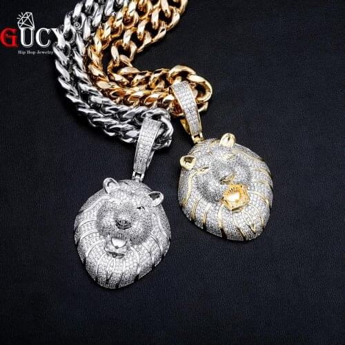 GUCY New Ice Cubic Zirconia Animal Lion Pendant Necklace Mens Ladies Hip Hop Jewelry Gift