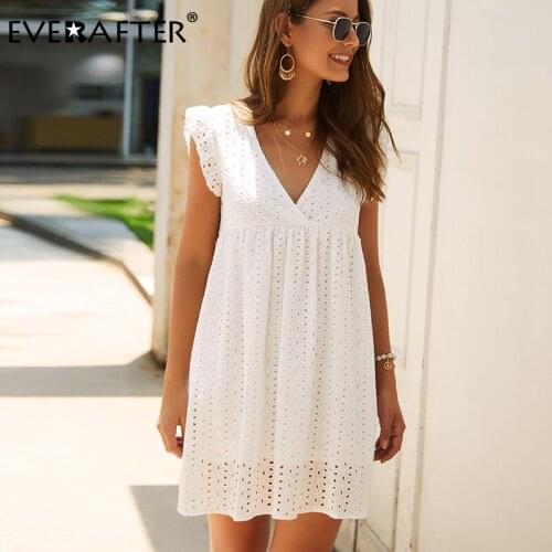 EVERAFTER Solid hollow out women dress sexy v-neck ruffles short sleeve casual loose lace dress chic summer beach dresses female