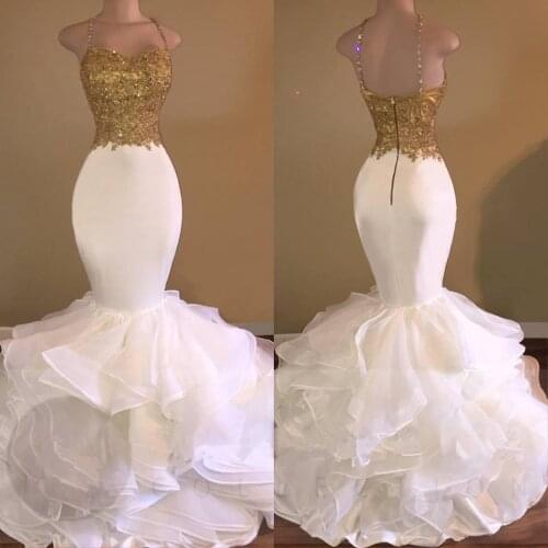 African White and Gold Prom Mermaid Spaghetti Strap Appliques Lace Ruffles Organza vestidos de 15 Long Prom Quinceanera Dresses