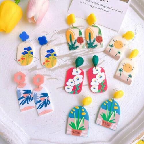Painting Colorful Geometric INS popular Drop Earrings for women girls Artistic flowers New design delicate fashion Drop Earrings