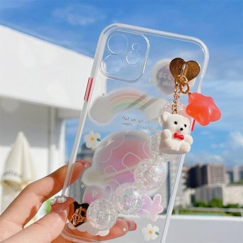 Cute Carton Bear Wrist Strap Handy Chain Holder For iPhone 12 11 Pro Max X Xr Xs Max 7 8 Plus Soft Clear Phone Back Cover Fundas