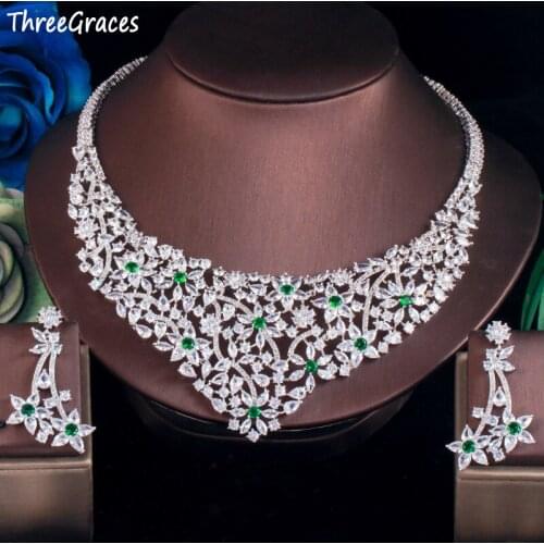 ThreeGraces Luxury Green CZ Stone Elegant Jewelry Flower Necklace and Earrings Set for Women Wedding Bridal Jewelry Sets TZ546