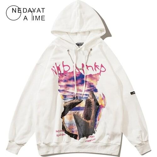 Men Hip Hop Hoodie Streetwear Sweatshirt Graffiti Shark Print Chain Oversize Hoodie Autumn Harajuku Cotton Loose Hooded Pullover