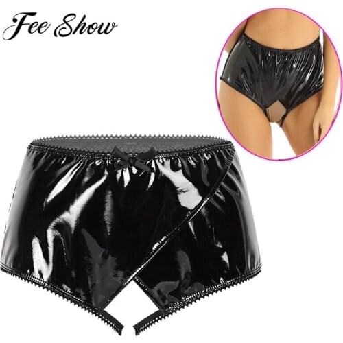 Women Naughty Lingerie Latex Panties Wet Look Patent Leather Sex Sissy Panties Sheer Mesh High Waist Crotchless Briefs Underwear