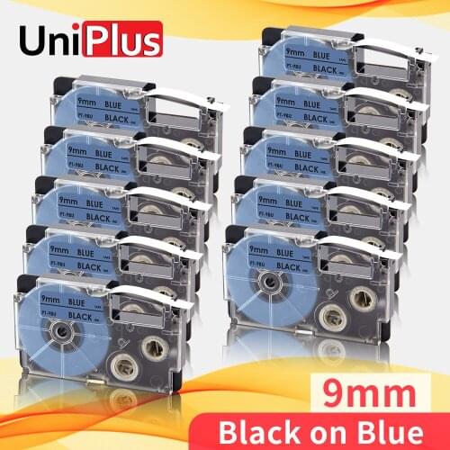 UniPlus 10PK Replacement Casio Label Tape 9mm Black on Blue Printer Ribbon 3/8" XR-9BU xr9bu for Casio Label Maker KL8200 8800