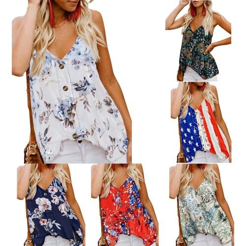 Summer Camisole T-shirt Women 2021 New Fashion European and American V-neck Sleeveless Single-breasted Printed Top Y2k Tops