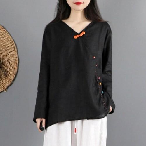 Chinese Style Clothing Women Casual Linen Blouse Collar Long Sleeve Blusas Button Down Front Plus Size Ladies Chinese Tops 12184