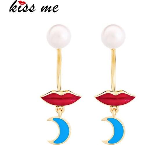 KISS ME Red Blue Lip Moon Enamel Imitation Pearl Dangle Earrings for Women Luxury Brand Fashion Jewelry