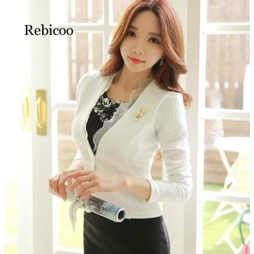 Spring Autumn Women Blazer White Mesh Bordered Ruffled Slim Single Button Short Blazer Long Sleeve Jacket Coat Outwear
