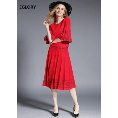 High Quality Sweater Sets 2021 Spring Autumn Casual Sweater Suit Ladies Polka Dot Knitted Pullovers+Mid-Calf ALine Knitted Skirt