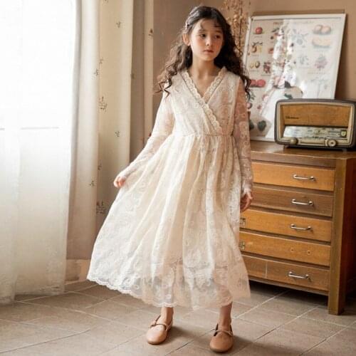 2021 New Girls Princess Dress Teen Kids Clothes Spring and Summer Lace Floral Children Dress with Lining Party Maxi Long,#6038