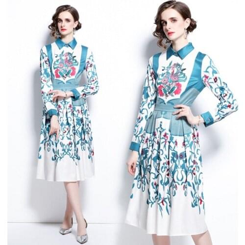 2021 autumn Fashion Designer Vintage Flower Print Dress long Sleeve High Waist Pleated casual Dress