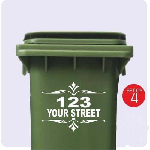4 x WHEELIE BIN NUMBERS VINYL STICKERS WITH STREET/ROAD/HOUSE NAME