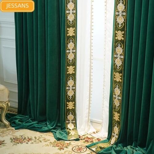 American High-end Dark Green Velvet Lace Stitching Blackout Curtains for Living Room and Bedroom Customized Products