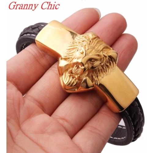 Granny Chic 12mm Punk Gold Lion Head Black Genuine Leather Bracelet Men Best Friends Cool Stainless Steel Mens Bangle Accessory