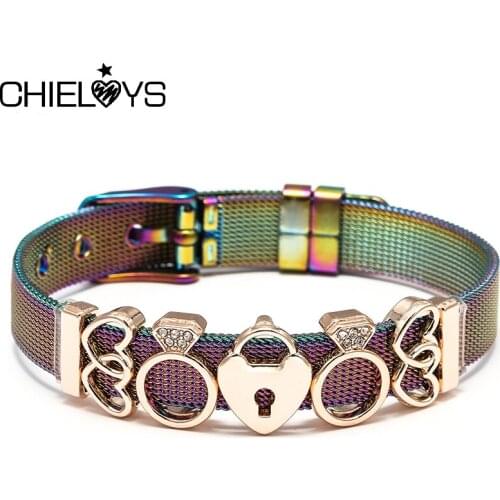 Heart To Heart Crown Lock Charm Mesh Bracelets For Women Men Couples Lover Colorful Stainless Steel Watch Belt Bangle Jewelry