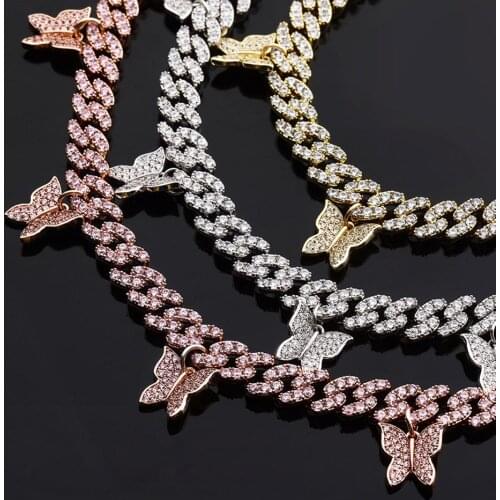 8mm Micro Paved AAA+ Cubic Zirconia Bling Ice Out Butterfly Cuban Chain Bracelets Necklaces for Men Women Hip Hop Rapper Jewelry