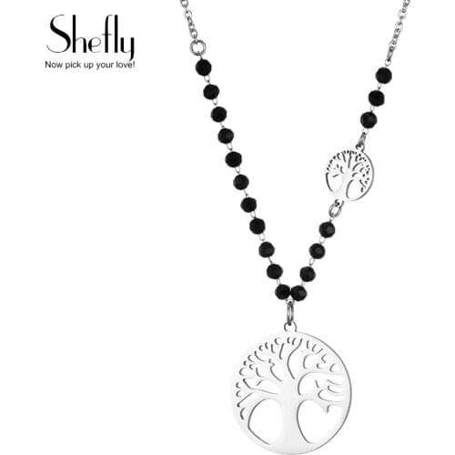 2021 New Stainless Steel Tree of Life Pendant Necklace Gift Never Tarnished Black Crystal Beads Chain Long Necklaces for Women