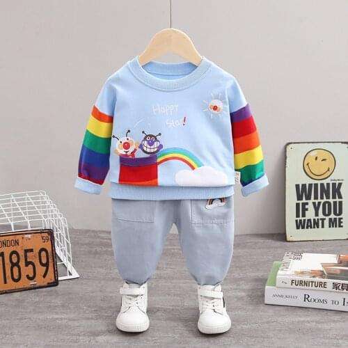 Children Leisure Suit New Style BOYS Rainbow Stripes Long-sleeved Sweater Loose Versatile Autumn Thin Childrenswear