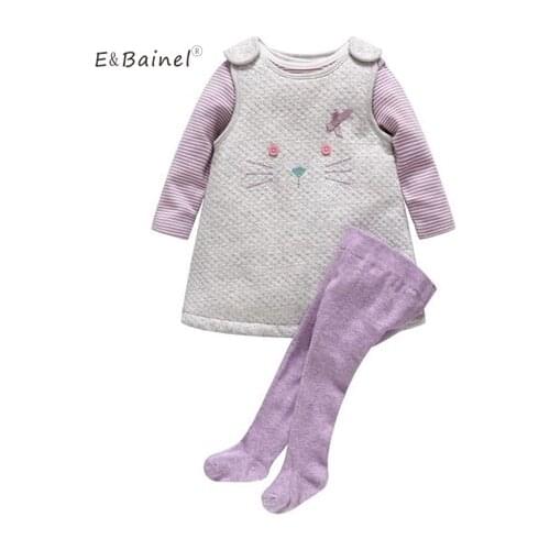 E&Bainel Spring Autumn 3Pcs Baby Girl Clothing Purple Cat Pattern Suspender Dress Long Sleeve Baby Rompers +Legging Costume Suit