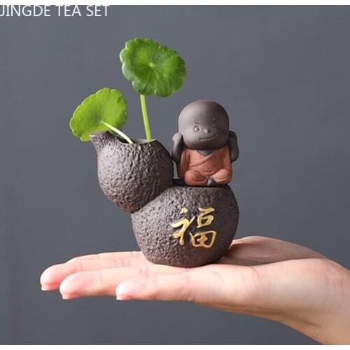 Handmade Purple Clay Tea Pet Ornaments Small Buddha Monk Figurine Desktop Flower Pot Tea Table Decoration Accessories Gifts