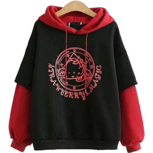 Fleece Womens Pullover Cartoon Printed Hooded Sweatshirt 2021 Winter Harajuku Long Sleeve Patch Work Pullover Oversized Warm Top
