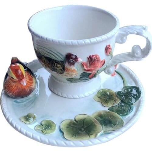 Orchid bird ceramic coffee cup saucer European style coffee cup figurine for home table decoration