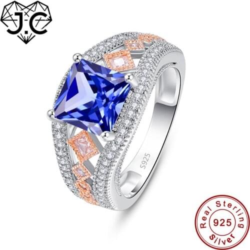 J.C Princess Cut Tanzanite & White Topaz 925 Sterling Silver Rose Gold Ring Size 6 7 8 9 Women Blue Wedding Fine Jewelry Gift