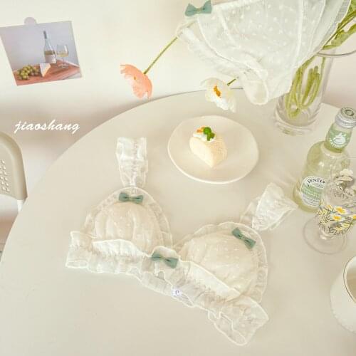 Bra set solid color retro lace pattern no steel ring underwear small fresh student bralette thin triangle cup comfortable linger