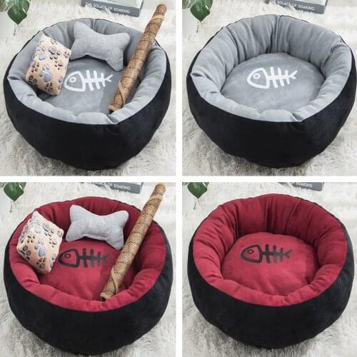 Cat Bed with Fish Bones Round Short Plush Small Pet House Mat Winter Warm Sleeping Cats Nest Soft Lovely Small Dog Beds