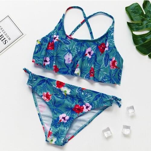 Summer Ladies Swimsuit Girls' Tie-dye Printed Bikini Suit With Ruffled Frills Childrens Split Swimsuit Maillot De Bain Femme #l