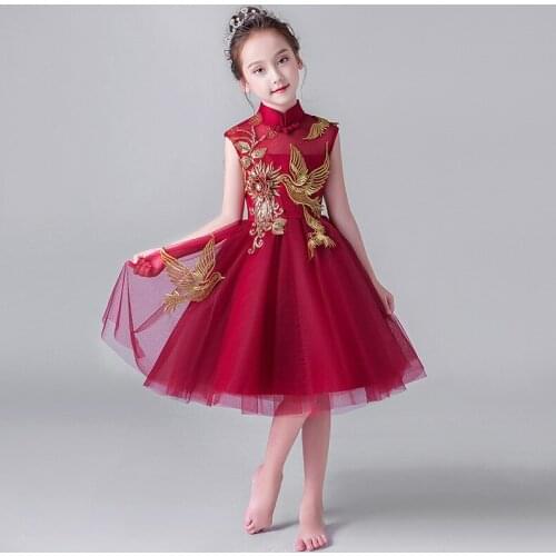 2019 Hot Sale Red Wine Embroidery Elegant Flower Girl Dresses Appliques Princess Party Pageant First Communion Dresses
