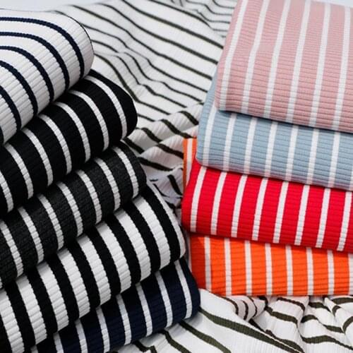 Soft Stretch Stripe Jersey Fabric Rib Knit Fabric Spandex Cotton Jersey Fabric for Dress,Children,Black,White,Blue,by half meter