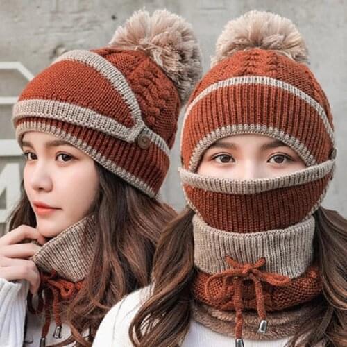 New Youth Winter Thick Plus Cashmere Warm Masks Hat Scarf Autumn Winter Womens Knit Hat Wool Ball Cover Ear Collar Three Set