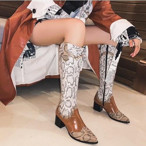 European and American super size 32-48 new Snake pattern color matching thick heel pointed Knights boots high boots women