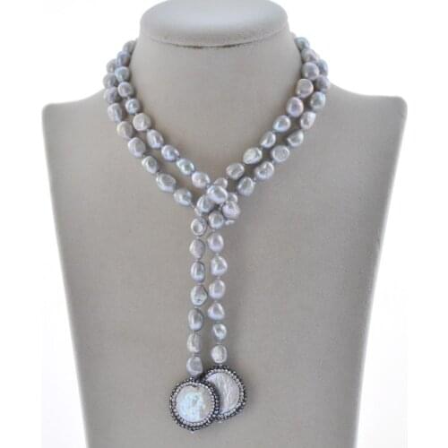 MCT·STAR Z10280 35" 24mm White Coin Gray Baroque Freshwater Pearl CZ Necklace