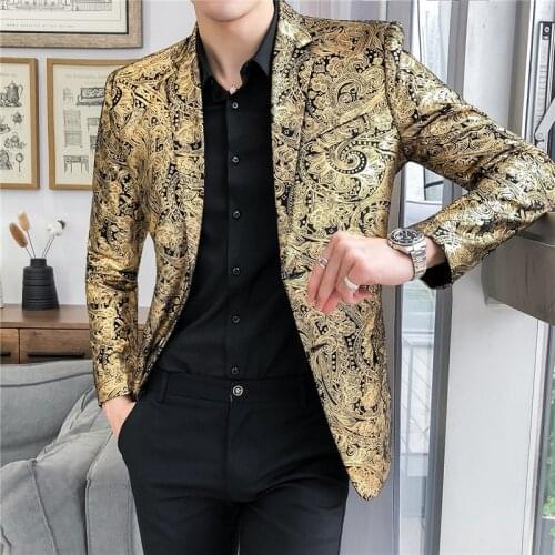 Luxury Gold Striped Print Blazer Street Casual Mens Slim Suit Jacket Nightclub Prom Dress Evening Dress Sleek Suit Jacket M-5XL