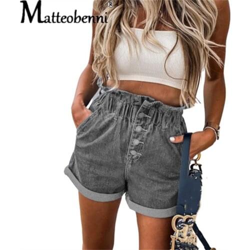 2021 Summer Sexy High Waist Denim Shorts Women Casual Loose Ladies Fashion Buttoned Roll Up Hem Elastic Gray Jean Shorts Female